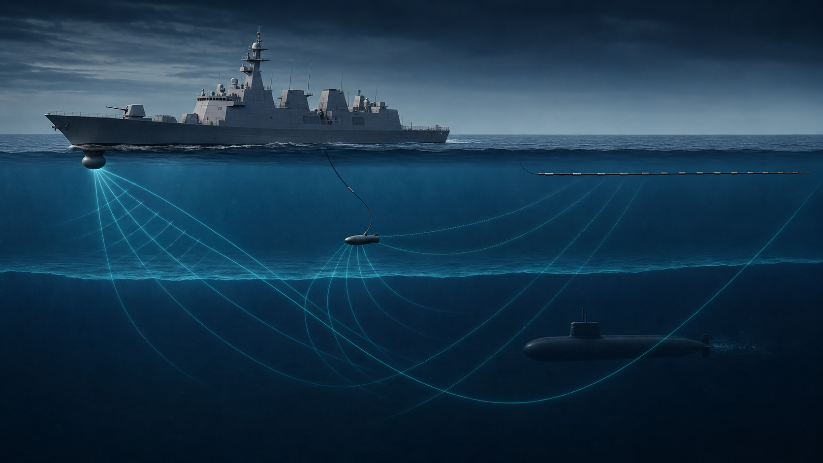 水上艦の船首下の船体装備ソナー、艦尾から降ろした可変深度ソナー、長く曳航する受信アレイと海中の潜水艦を示すイラスト